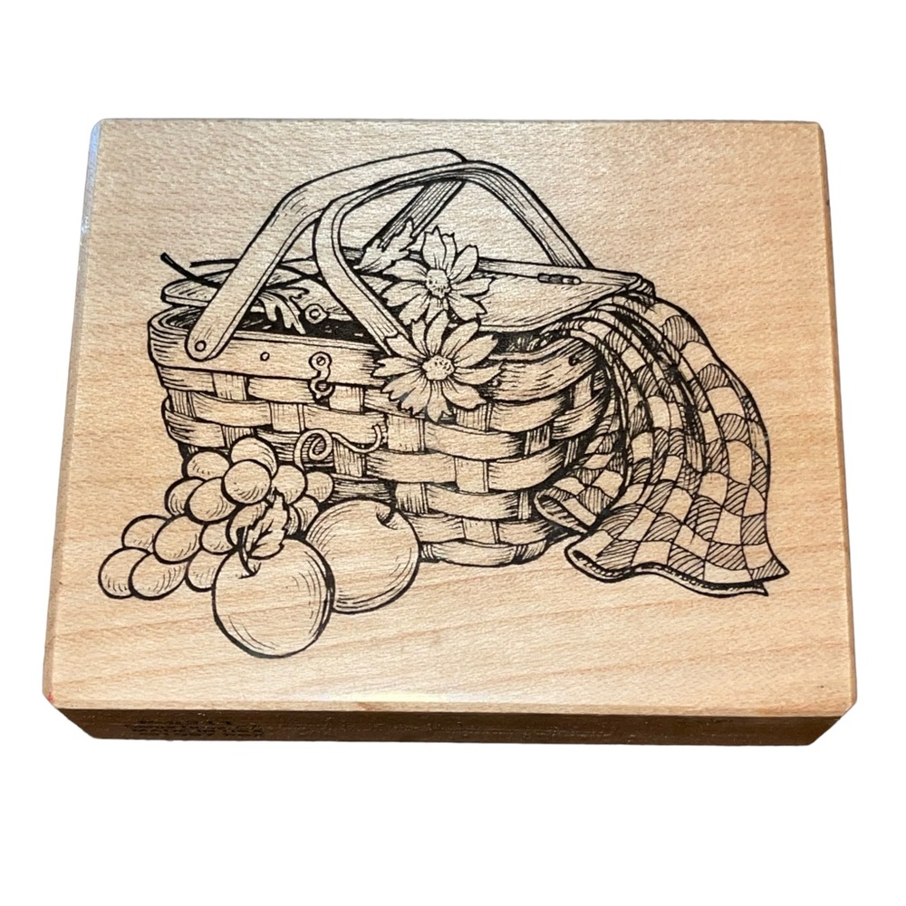 Picnic Basket wood mount rubber stamp PSX F-2211 Fruit Blanket Food Flowers USA